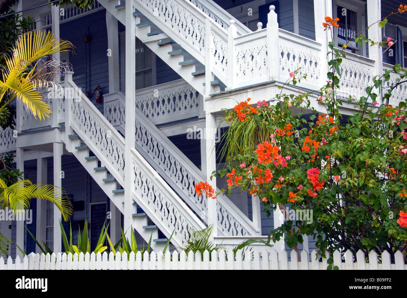 Staircases and balconies with flowers in Key West Florida USA Stock Photo