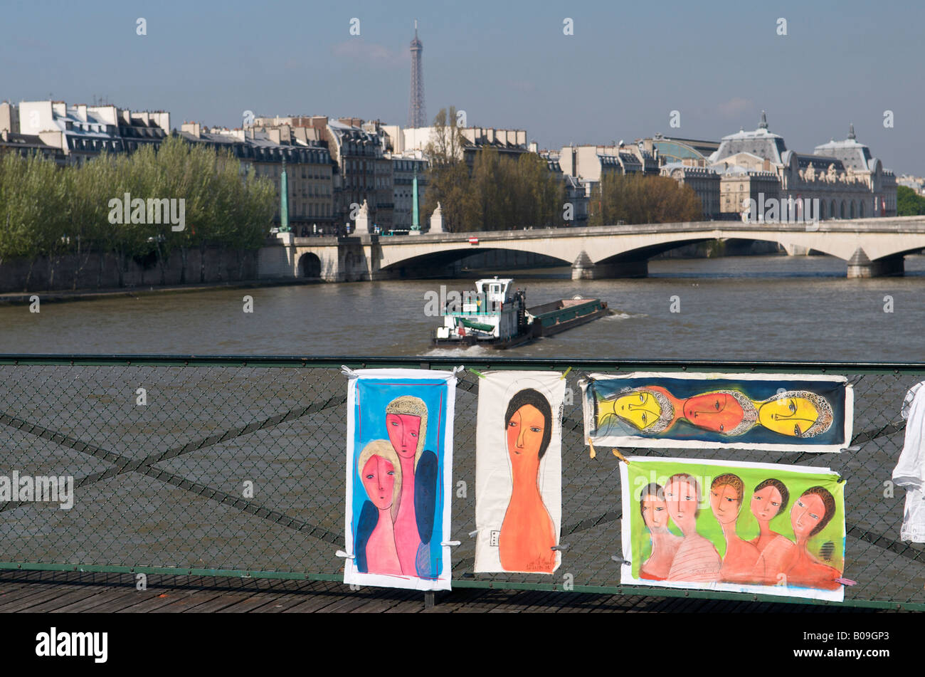 Artist's work displayed on the Pont des Arts in Paris Stock Photo