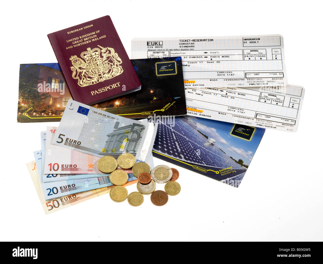 Eurostar tickets, passports & Euros Stock Photo