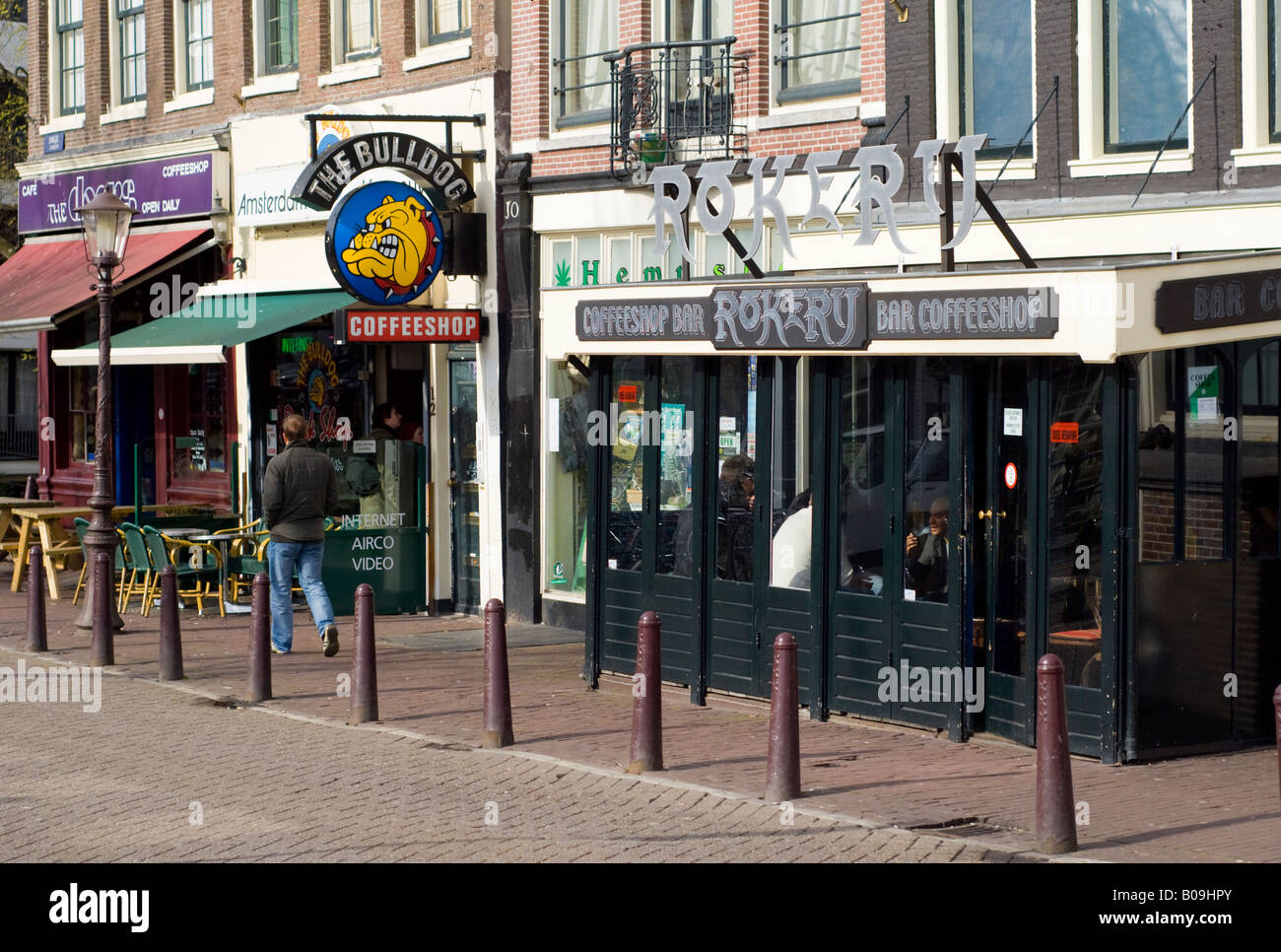 Amsterdam, Coffee shops on Singel street - Rokerij, Bulldog, Doors Stock Photo