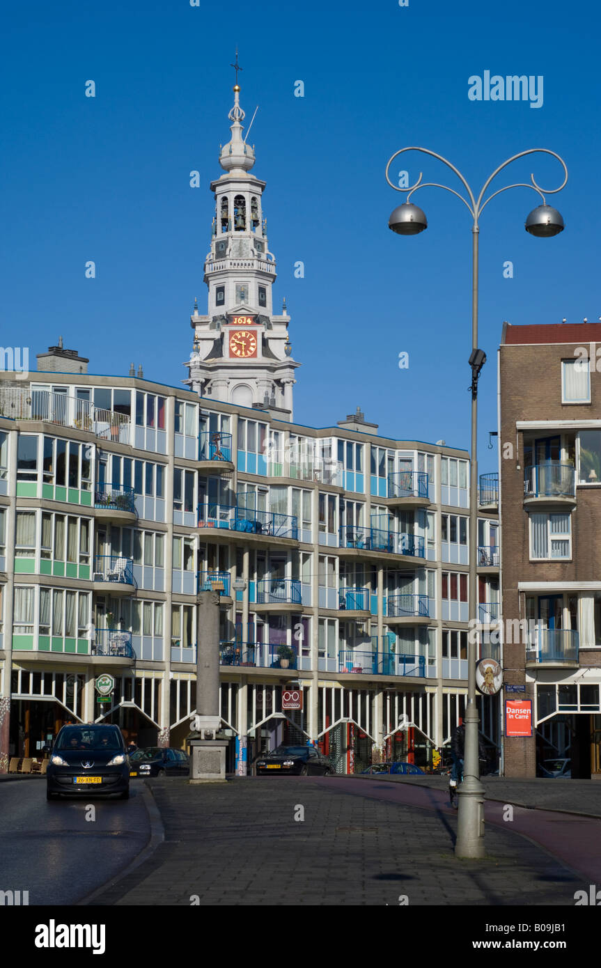 Amsterdam, Jodenbreestraat, old and new buildings, streetlight Stock Photo