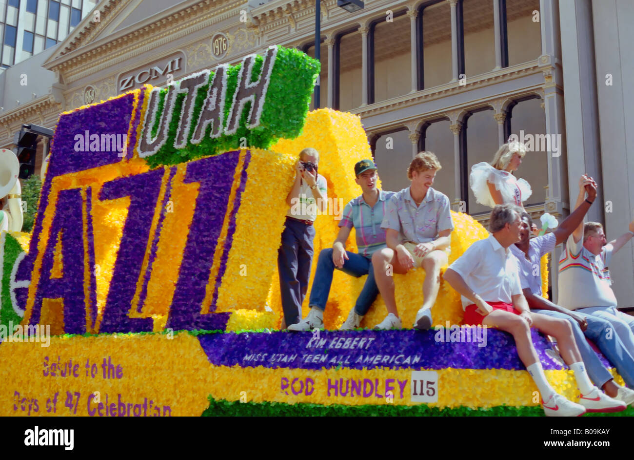 Utah Jazz NBA basketball float in a pioneer day parade in SLC, Utah