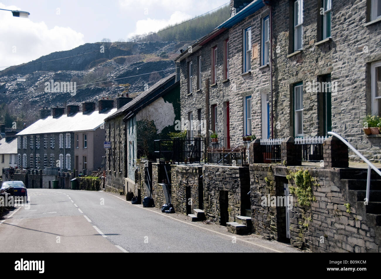 Bethania Terrace built 1880 Row of old stone built two storey slate quarry workers cottages Upper Corris village Gwynedd WALES Stock Photo