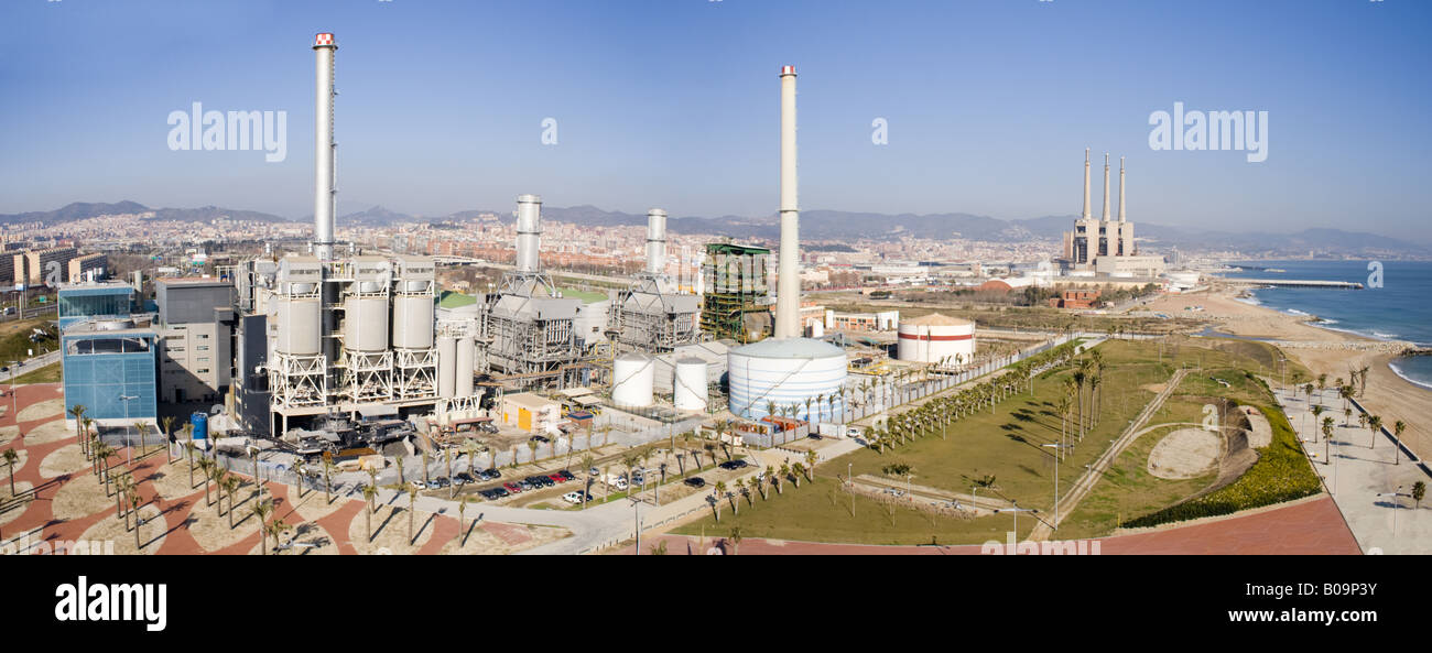 aerial panoramic of waste water treatment plant in besos and power plant in the back Stock Photo