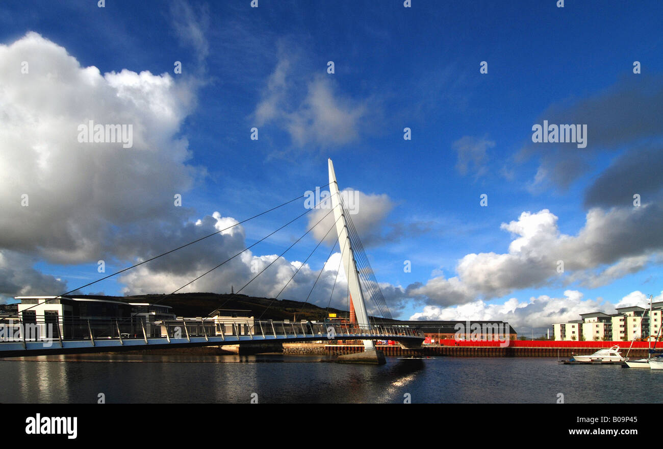 This is a photograph of the new sail bridge at the Swansea Marina, or Maritime Quarter as it is now becoming known. Full colour Stock Photo