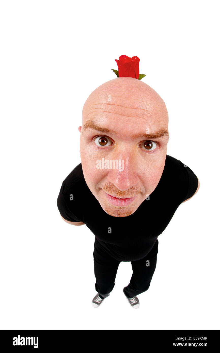 bald headed man hinding a red rose behind his back Stock Photo