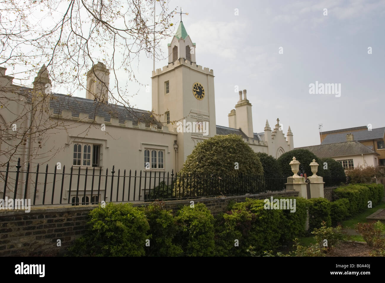 Trinity Almshouses Greenwich viewed from the Thames Path Stock Photo