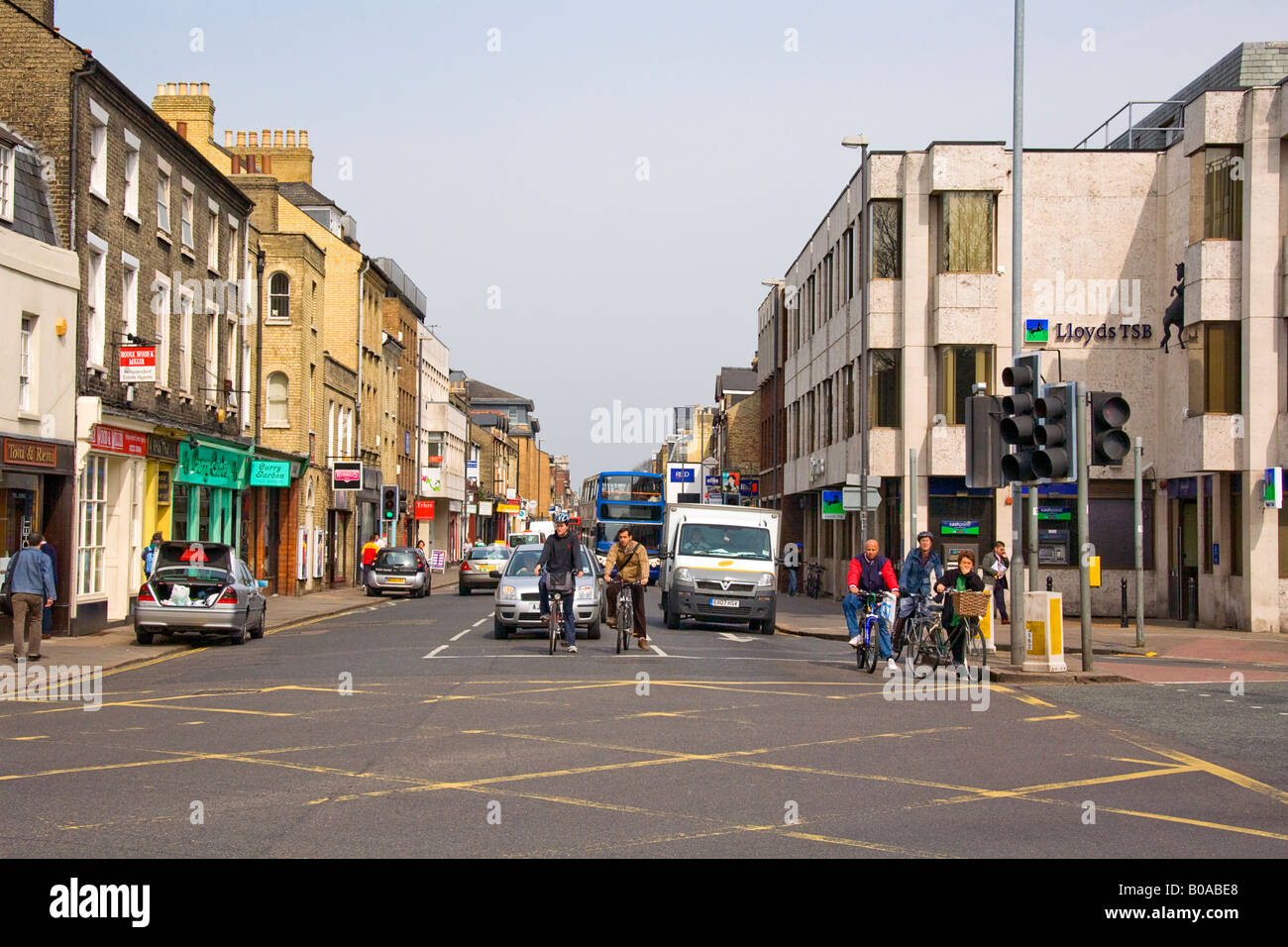 Street scene in Cambridge, Regent Street at the junction with Lensfield Road and Gonville Place Stock Photo