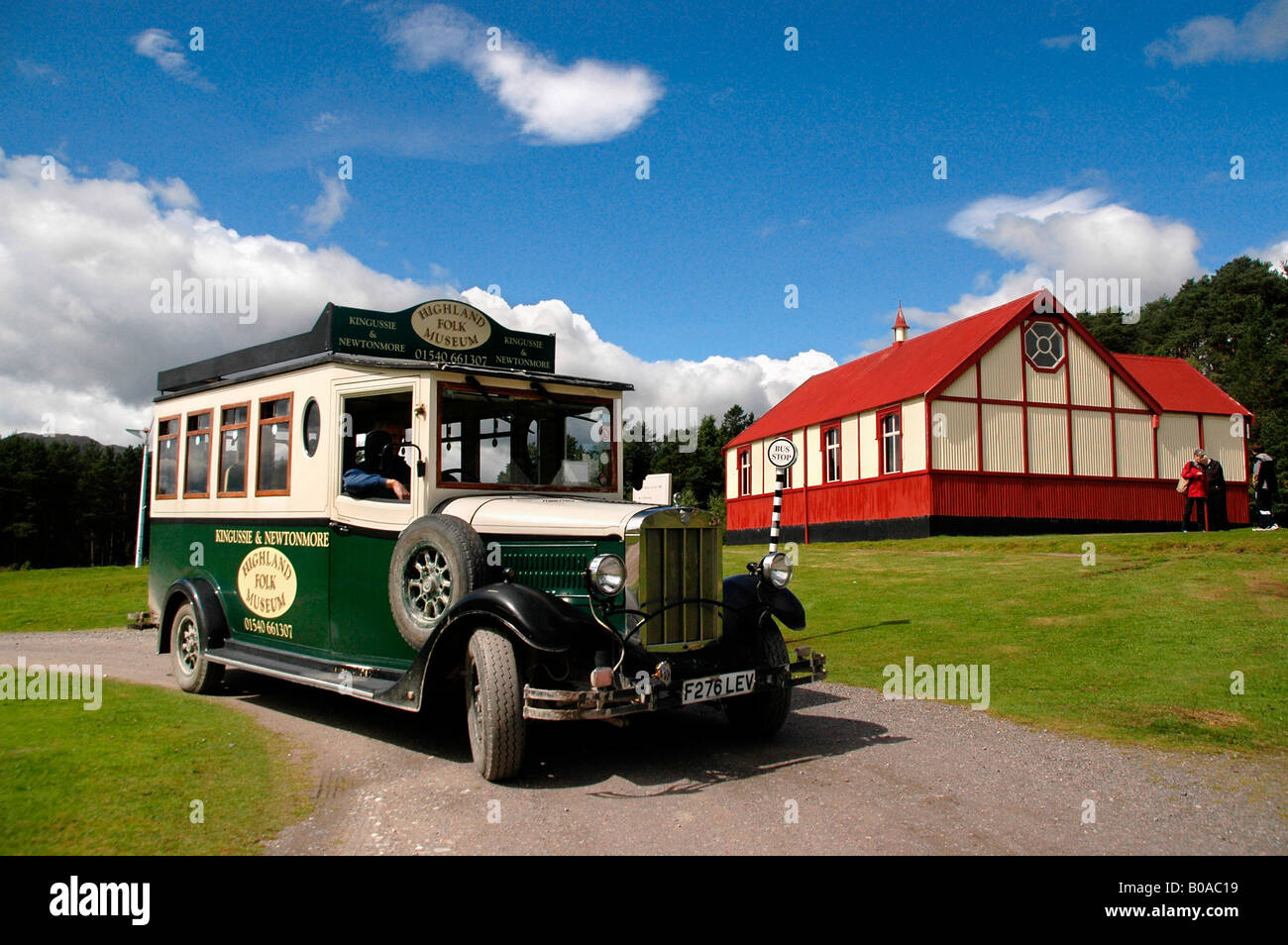 the Highland Folk Museum Kingussie and Newtonmore .An old replica bus and church in the back ground. Stock Photo