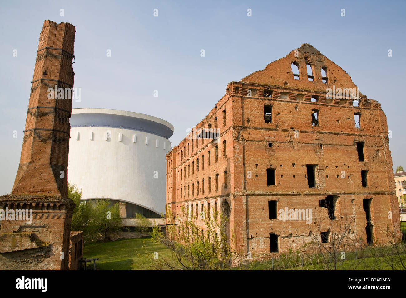 Badly damaged Mill from the Siege of Stalingrad and panoramic museum, Volgograd, Russia, Russian Federation Stock Photo