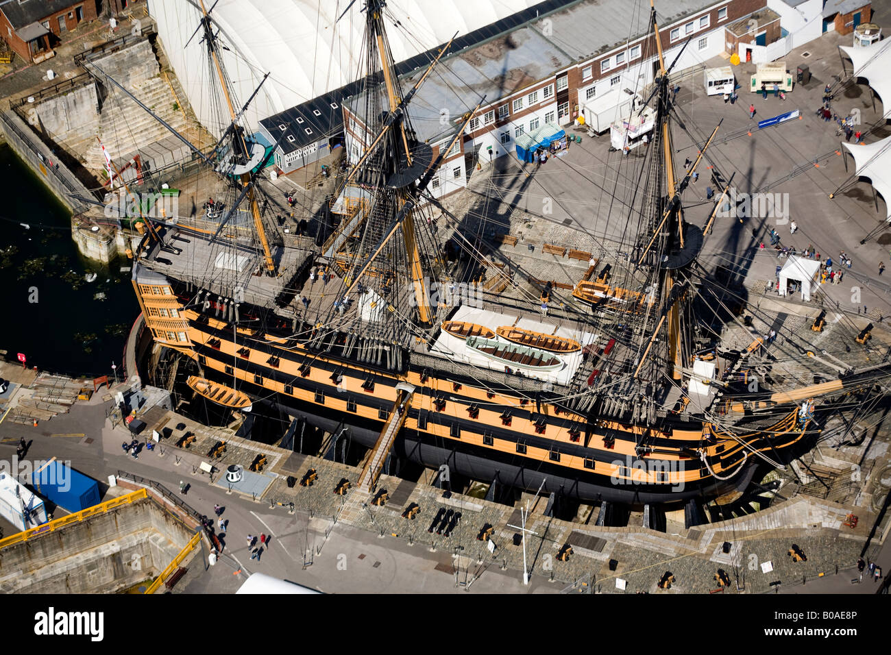 Battle of Trafalgar, Nelson’s flagship-HMS Victory sits in the dry dock at the old navy dock yard in Plymouth, Hampshire Stock Photo