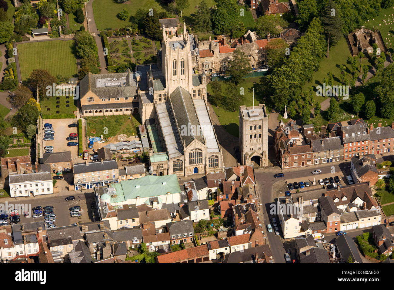 Aerial of St Edmundsbury Cathedral and the Norman Tower, Bury St