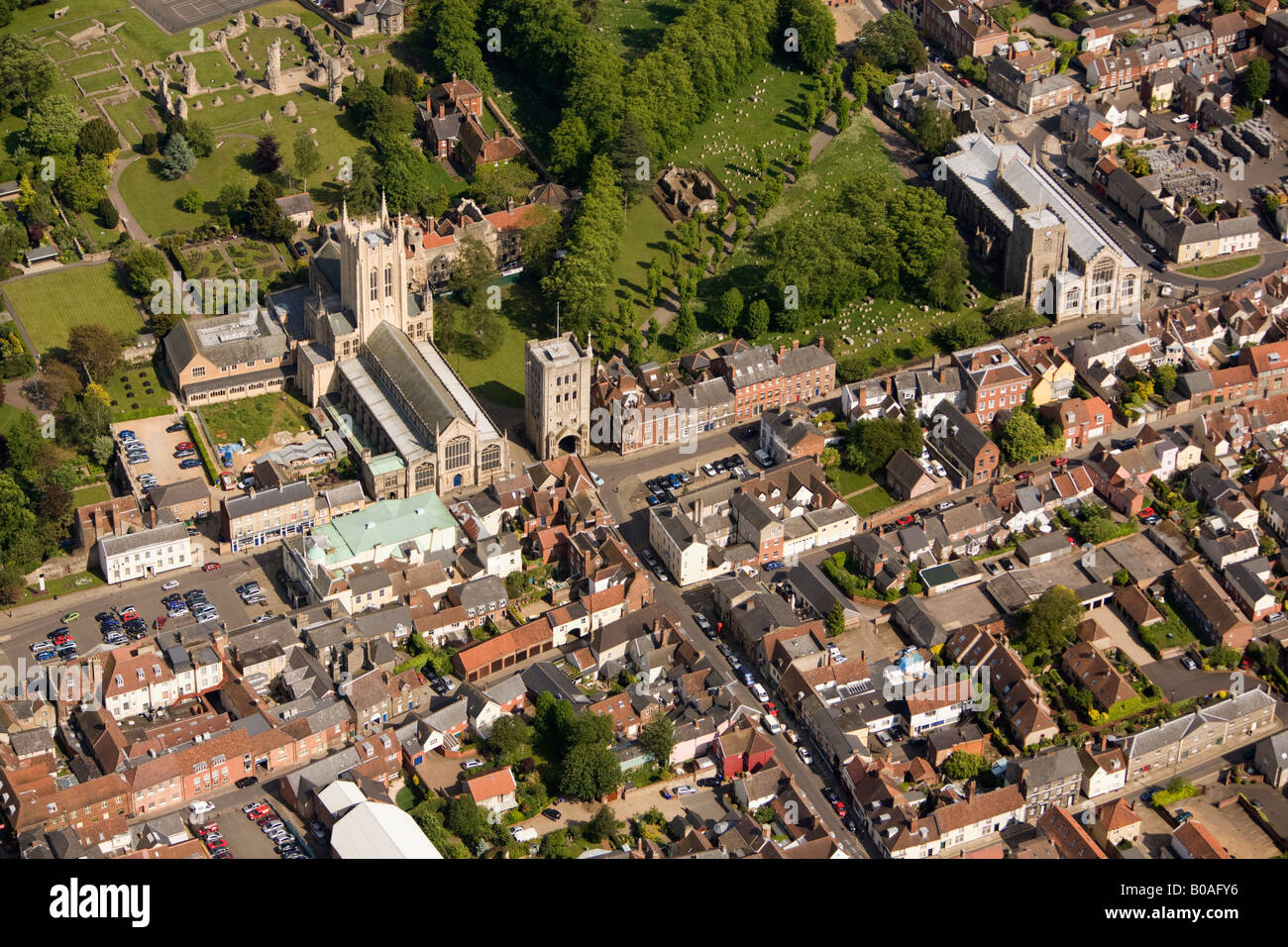 Aerial of St Edmundsbury Cathedral, Norman Tower, Angel Hill and Abbey