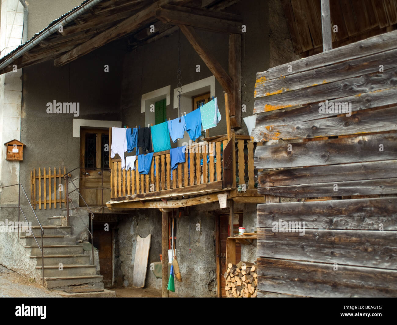 Washing on balcony in Champagny en Vanoise French Alps Stock Photo