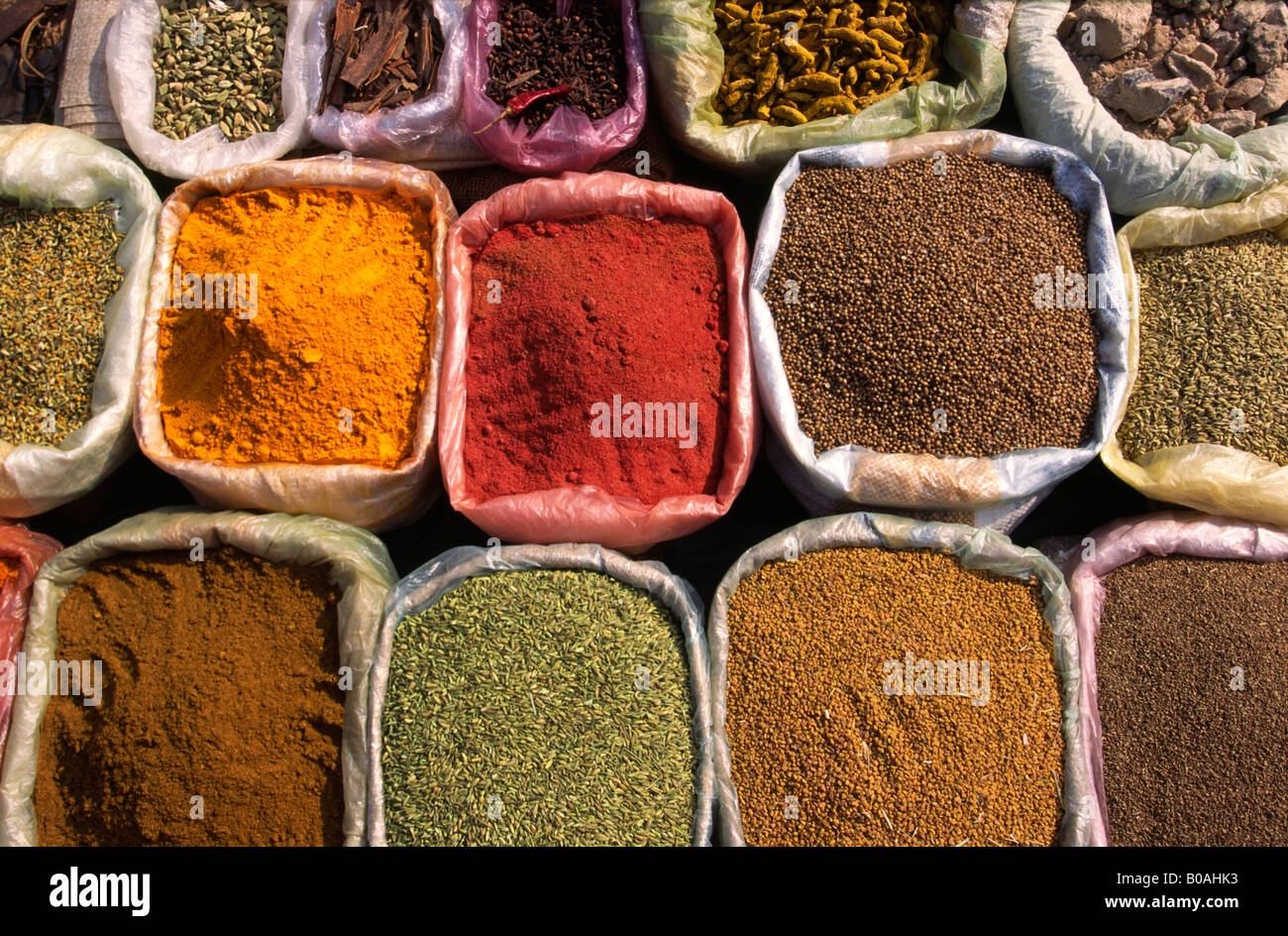 India West Bengal Madarihat weekend market sacks of spices Stock Photo