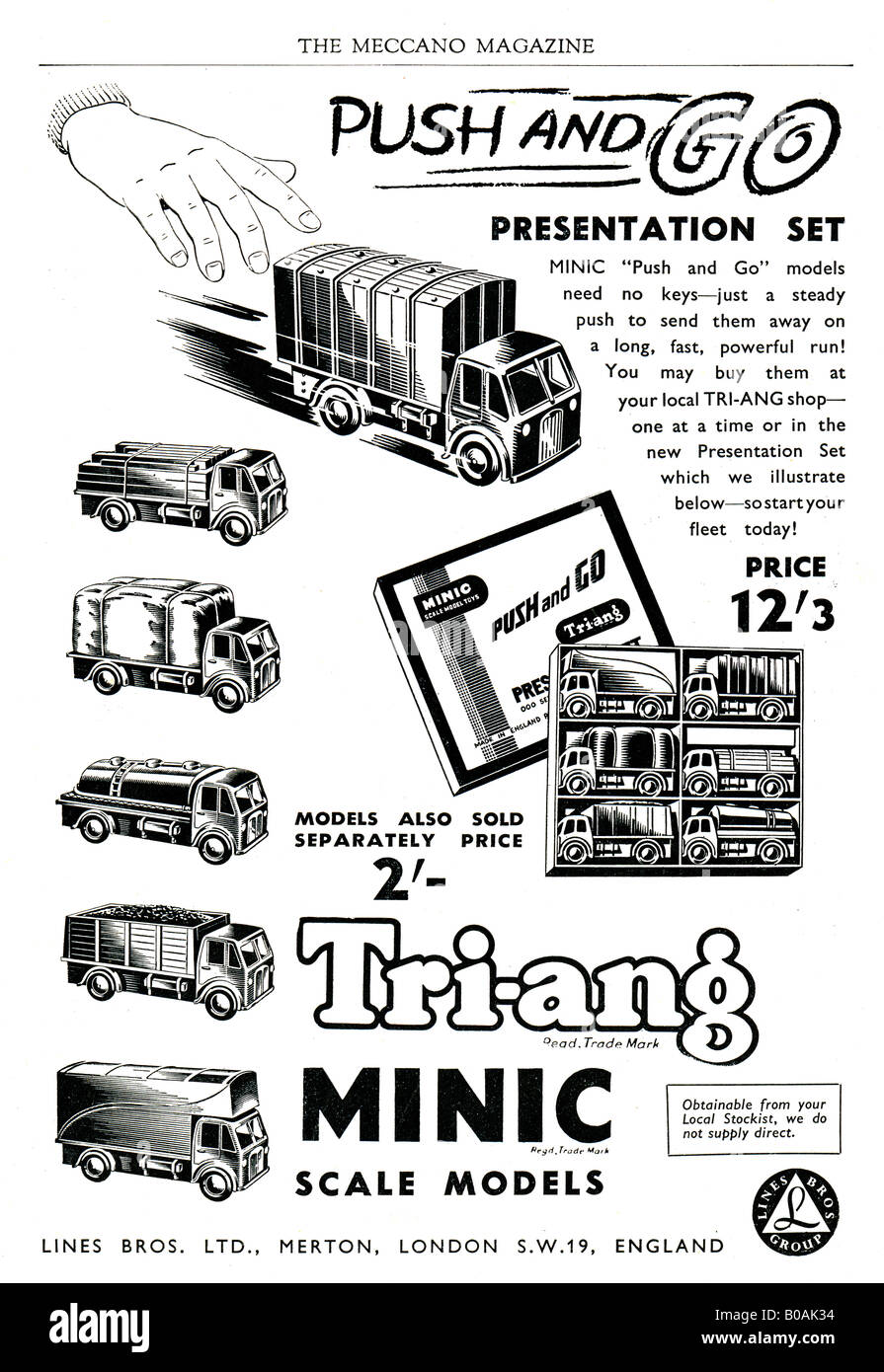 Advertisement for Tri-ang Minic Scale Models of Lorries October 1953 FOR EDITORIAL USE ONLY Stock Photo