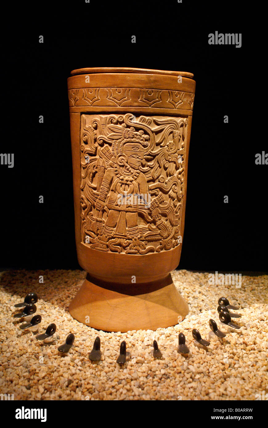 Aztec funerary urn on display at the Museo del Templo Mayor, Mexico City Stock Photo