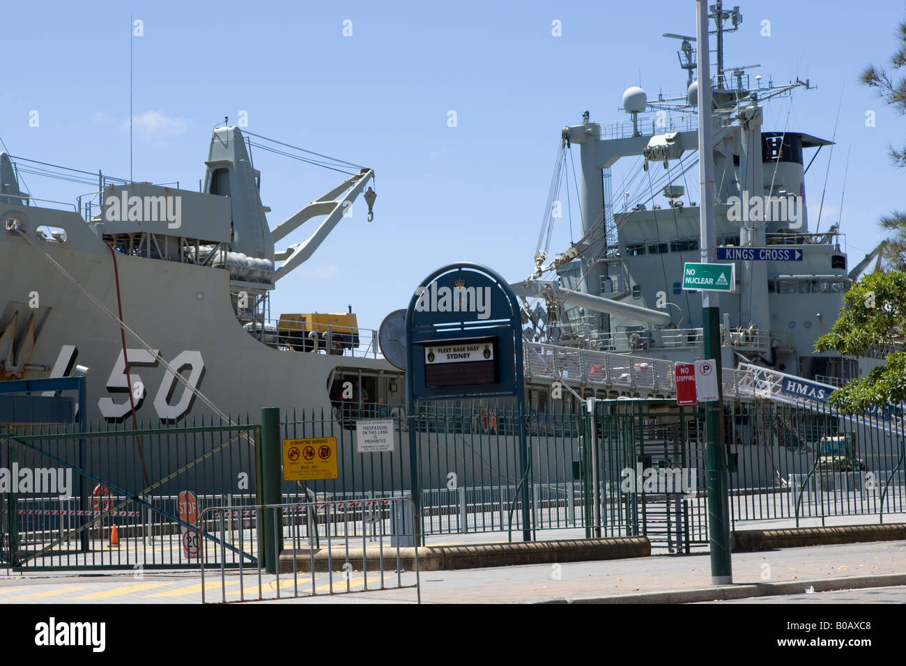 Navy Ship Woolloomooloo Sydney New South Wales NSW Australia with a no nuclear sign and no parking sign Stock Photo