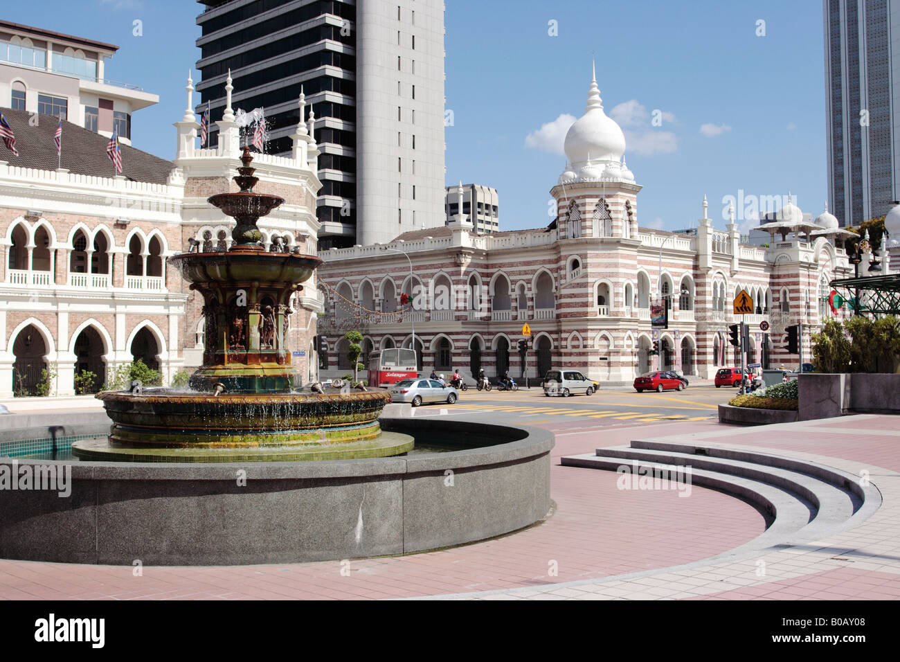Water fountain and Moorish architecture in the city of Kuala Lumpur, Malaysia. Stock Photo