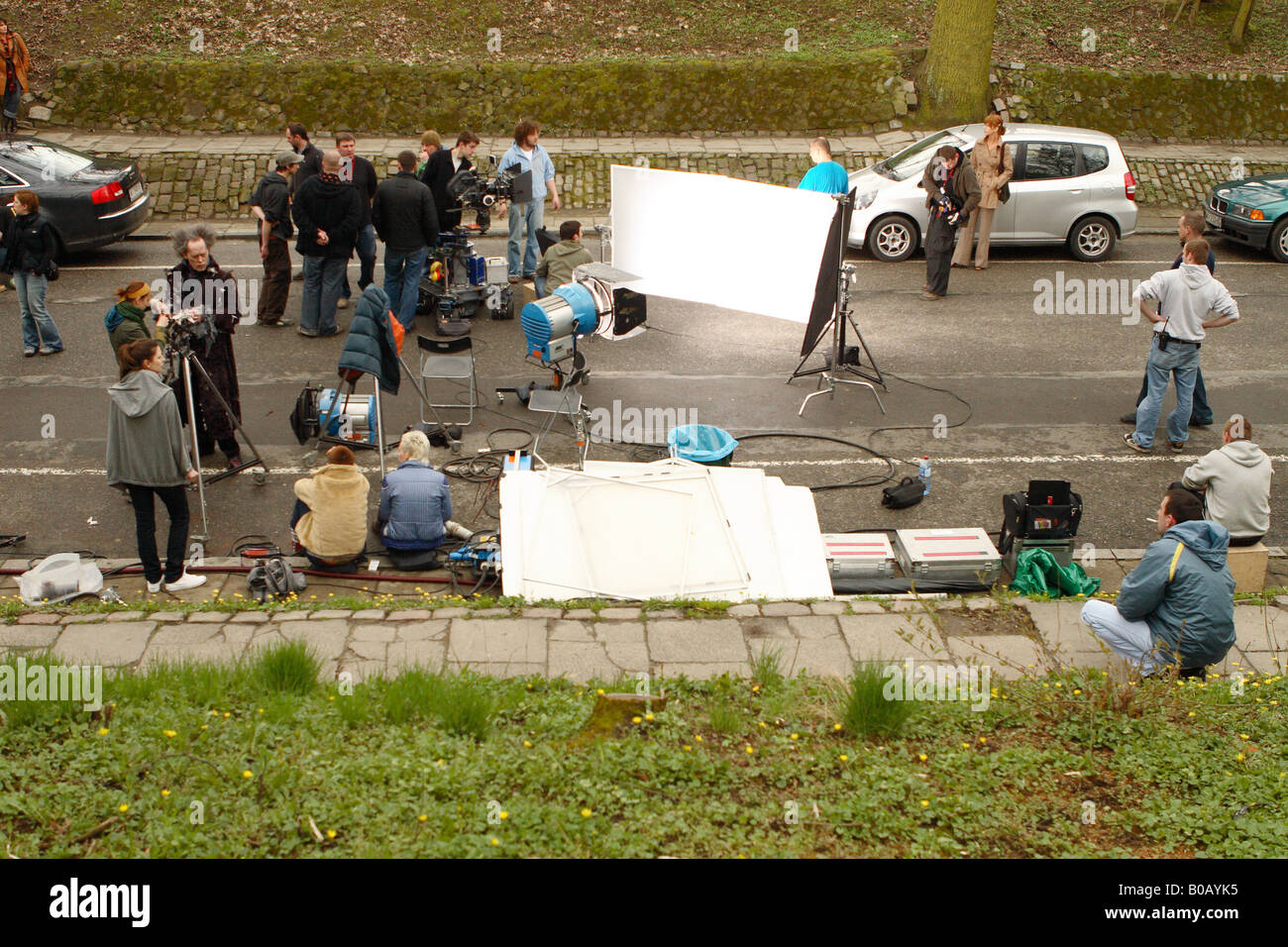 Outdoor film set film crew actors and technical staff on location in