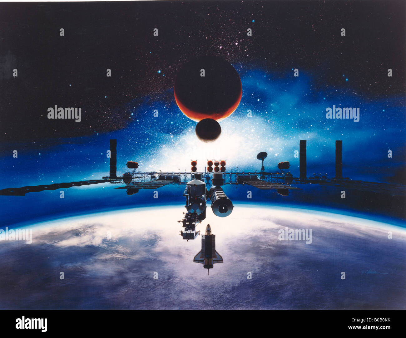 Alan Chinchar s 1991 rendition of the Space Station Freedom in orbit Stock Photo