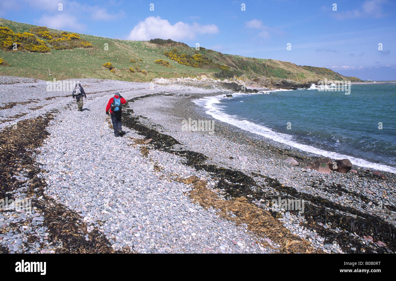Walking the Mull of Galloway, walkers walking along Portankill stony beach Luce Bay on the Rhins of Galloway coast Scotland UK Stock Photo