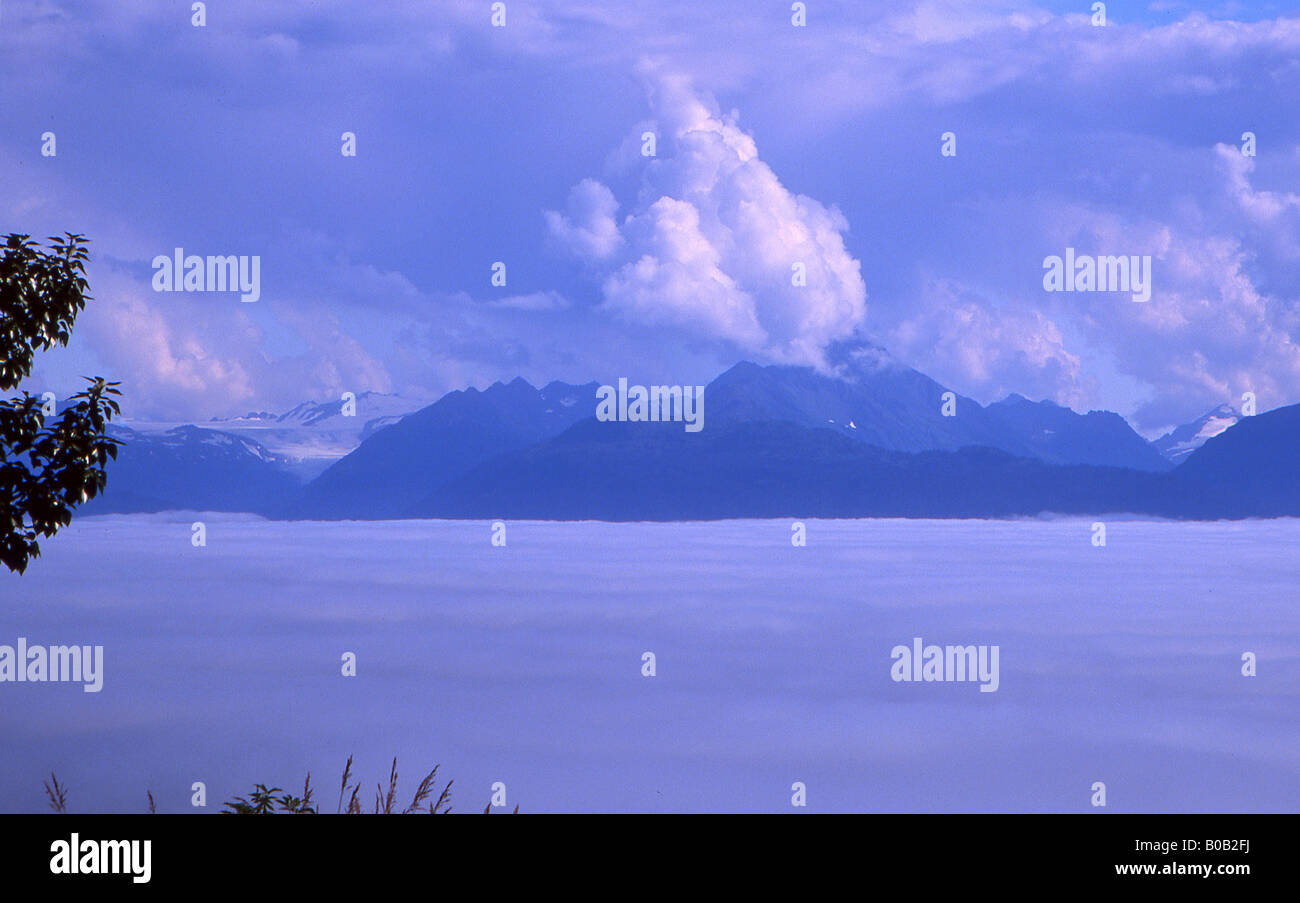 Fog covers the Kachemak Bay and the city of Homer, Alaska but provides