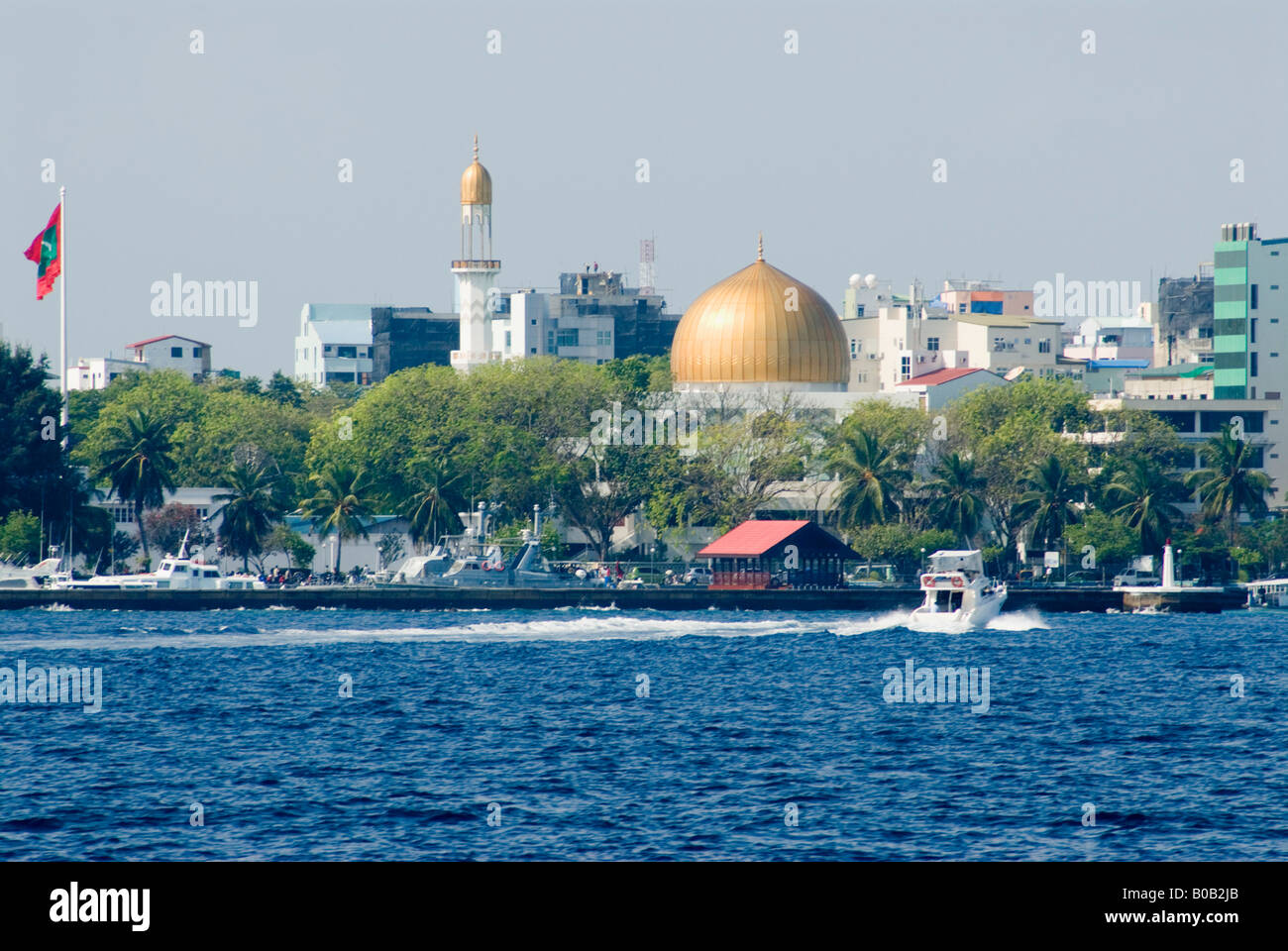 View of Male the capital of the Maldives showing low lying land at threat from sea level rise Stock Photo