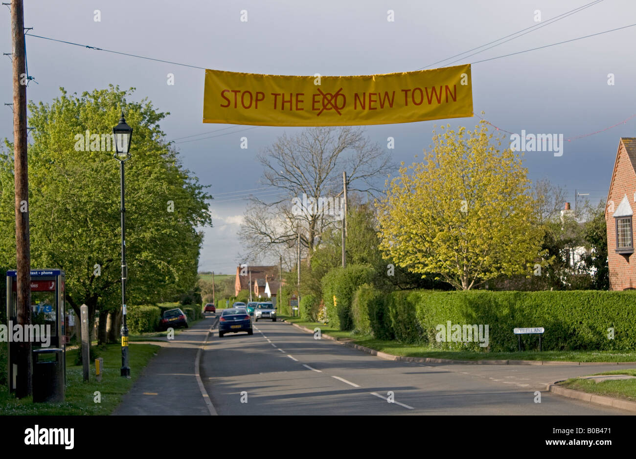 Stop eco new town banner across road Long Marston near Stratford UK Stock Photo