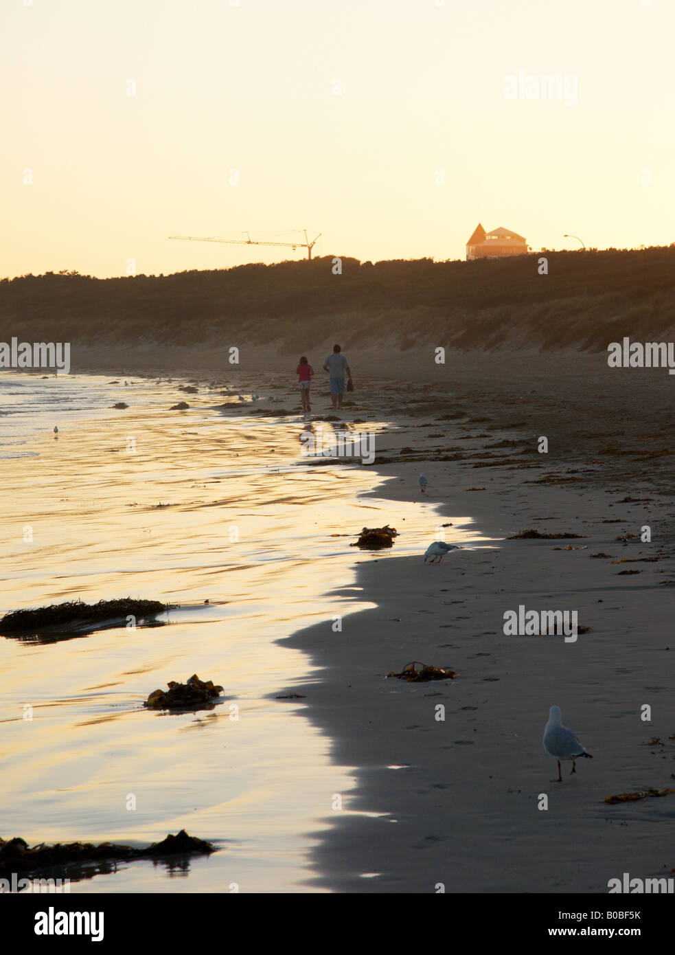 Father and daughter walking along a beach in the setting sun. Stock Photo