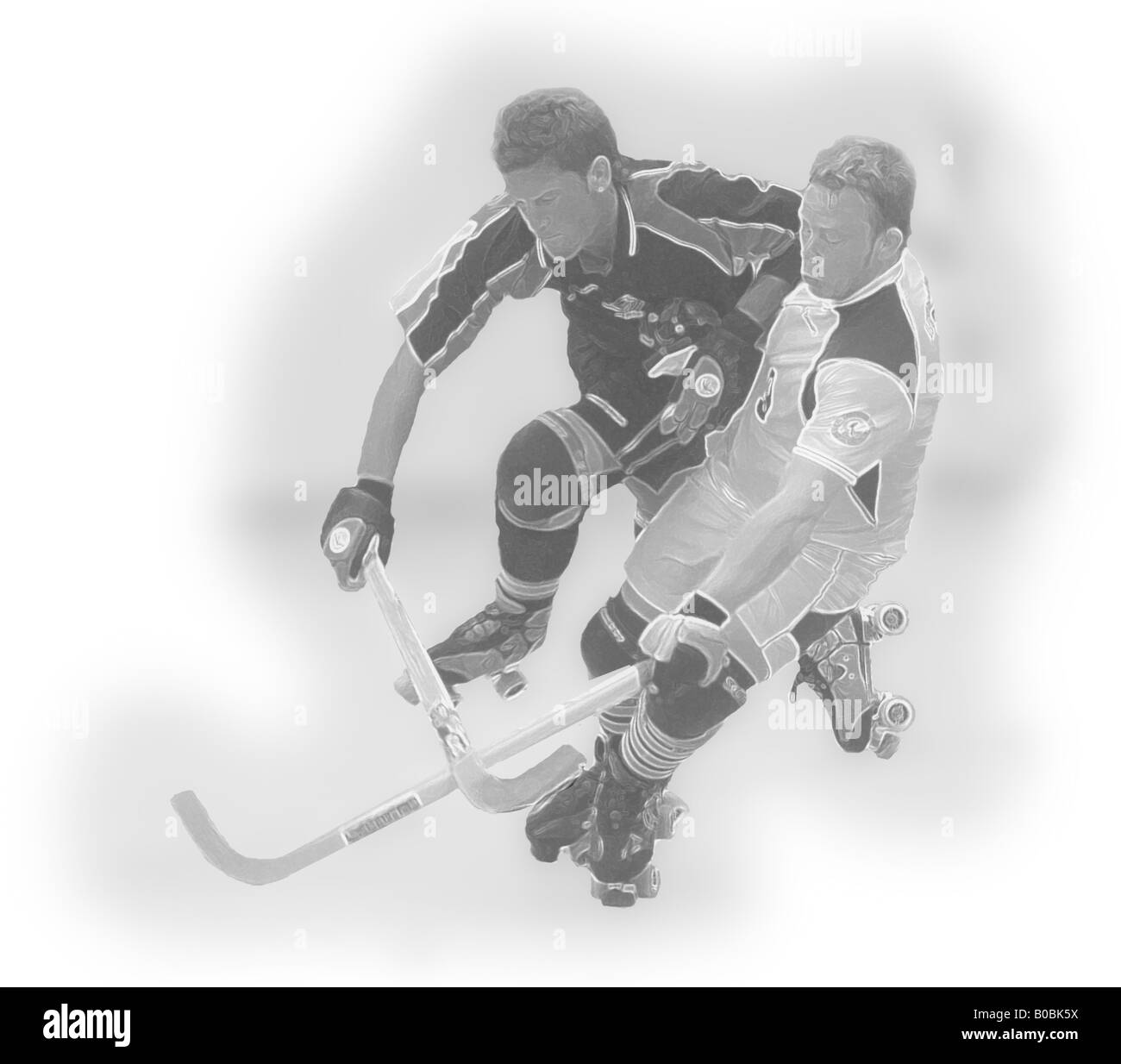 Illustration of two roller hockey players fighting for the ball. Stock Photo