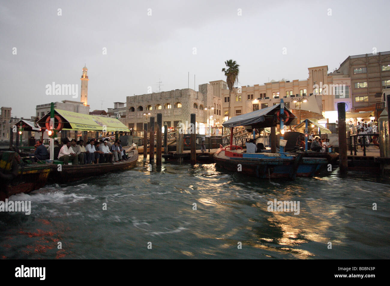 The old town at the Dubai Creek in the evening, Dubai, United Arab Emirates Stock Photo