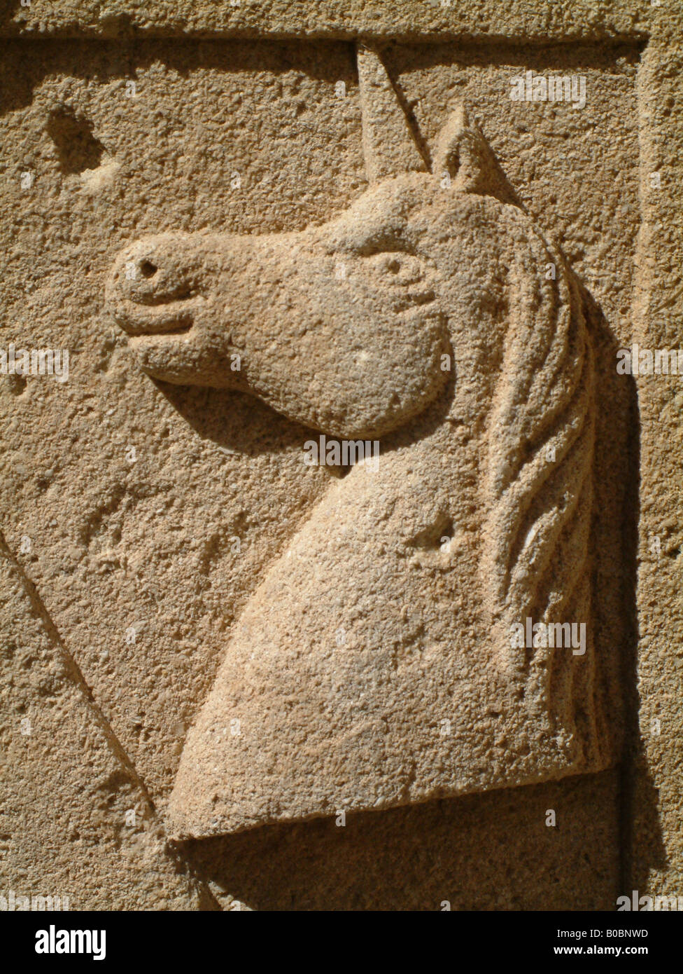 detail of unicorn carved in stone crest, Santa Barbara Castle, Alicante, Comunidad Valenciana, Spain Stock Photo