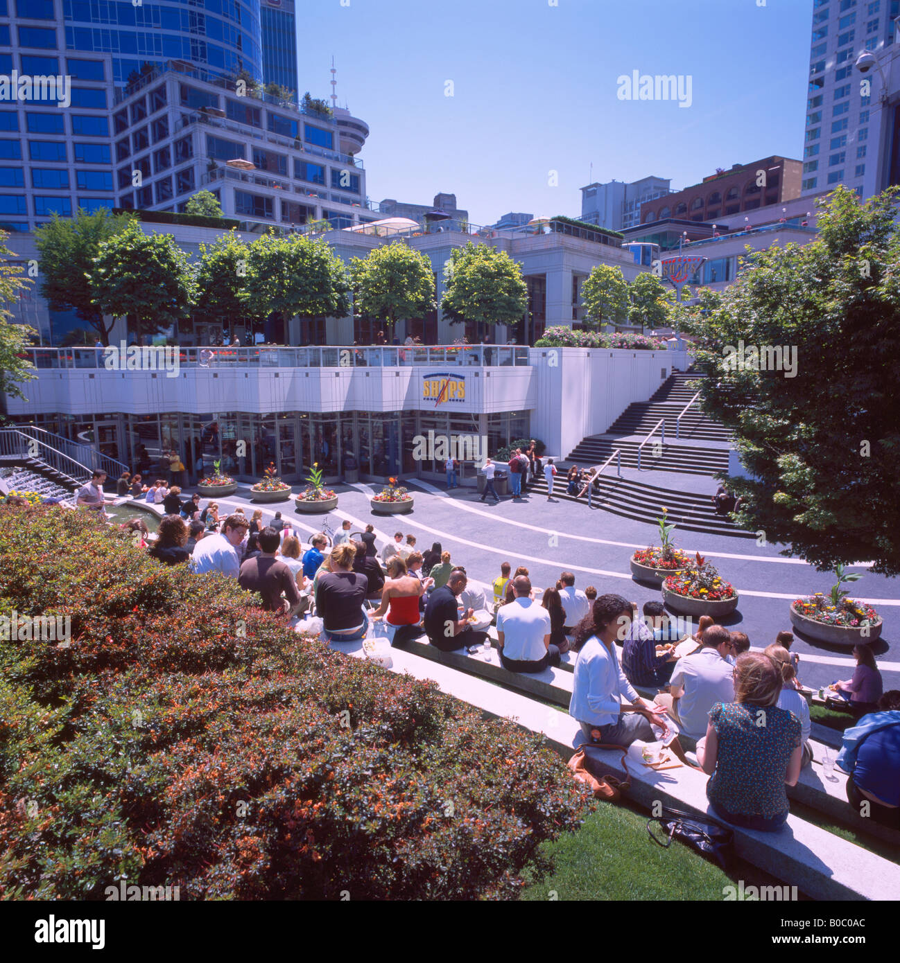 Office Workers eating Lunch Outside, Downtown Vancouver City, BC