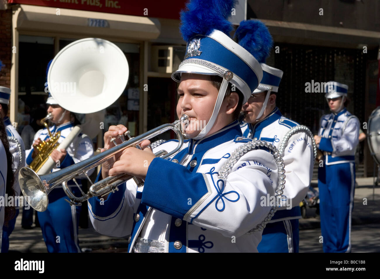 New york city trumpet player in marching band in hires stock
