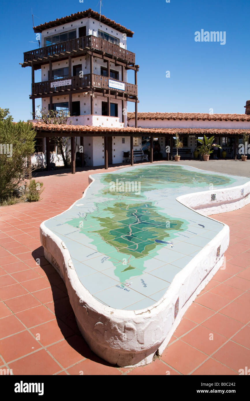 Catalina airport Control Tower and Island map sculpture at the Island in the Sky airport. Stock Photo