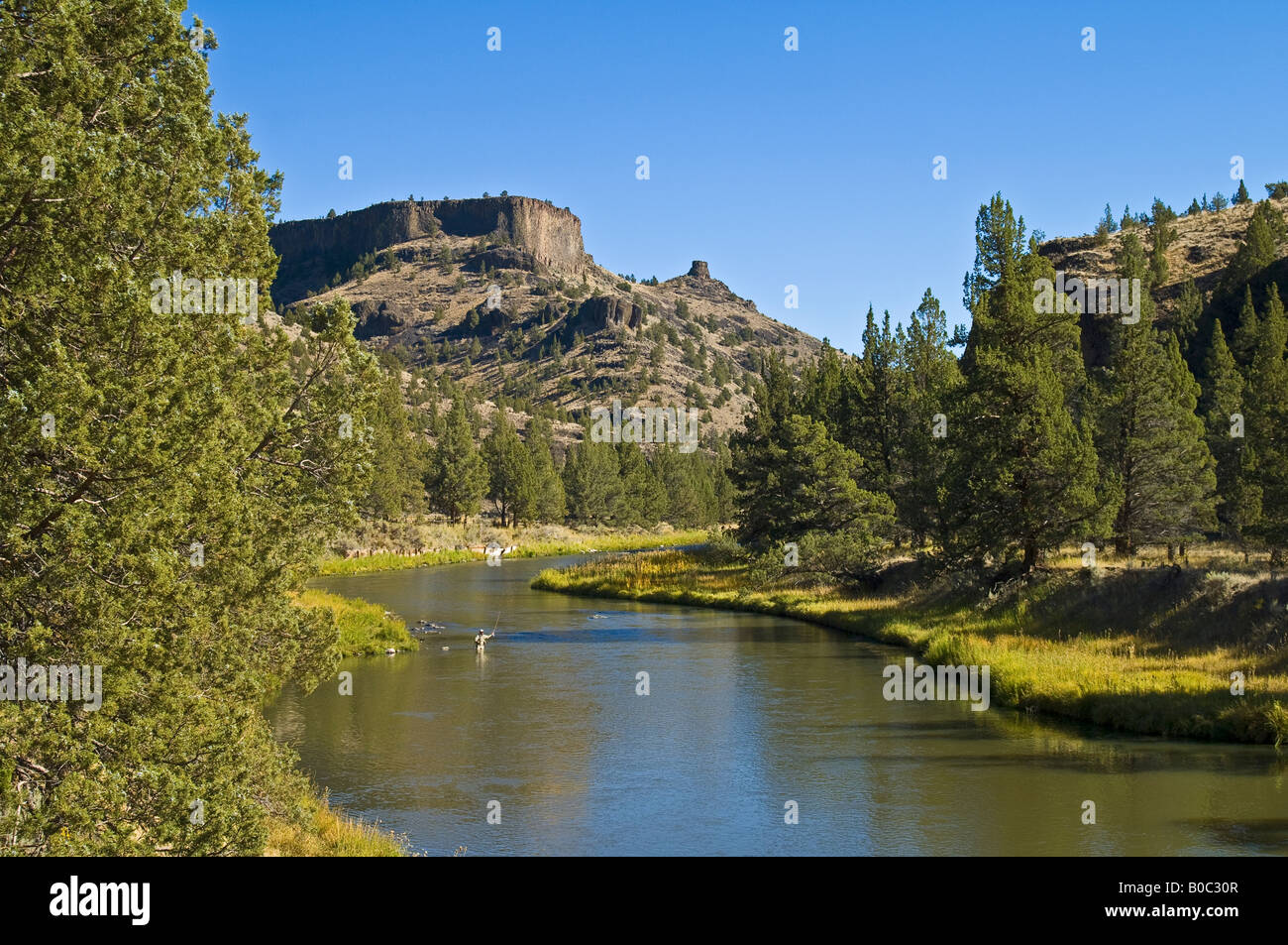 Fly Fisherman On The Lower Crooked River With Chimney Rock In The Distance Central Oregon Stock Photo Alamy
