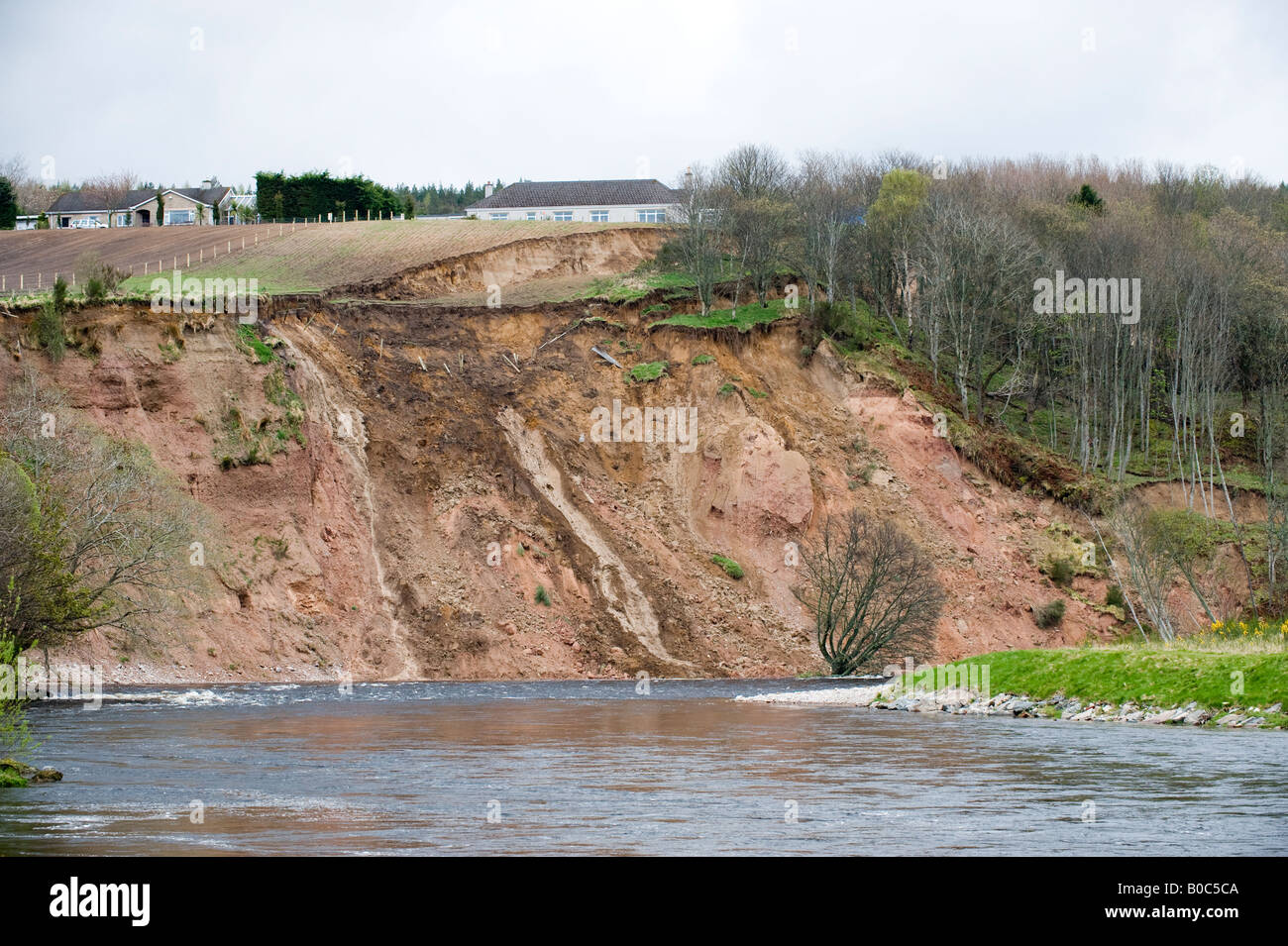 Major landslip in Apr 2008 on east bank of River Spey at Ordiquish near Fochabers in Moray, Scotland, United Kingdom Stock Photo