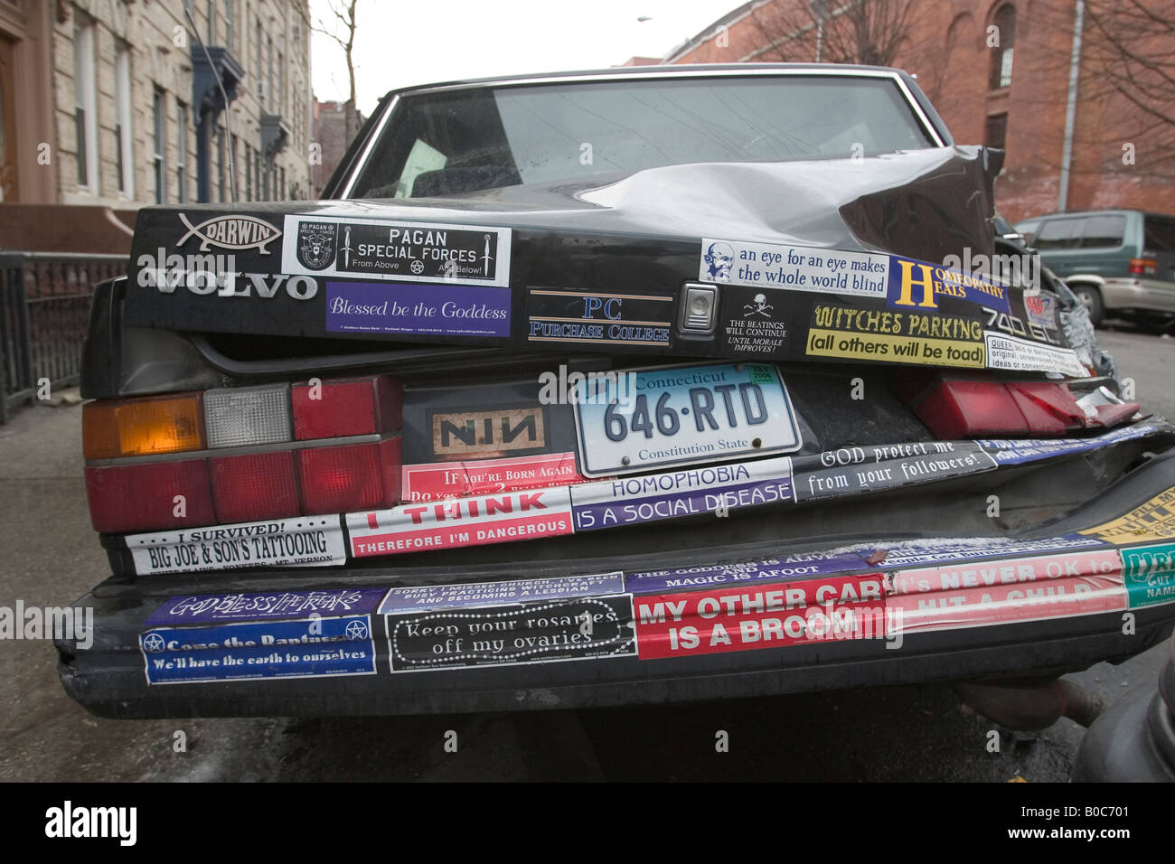 rear end of a smashed parked car 