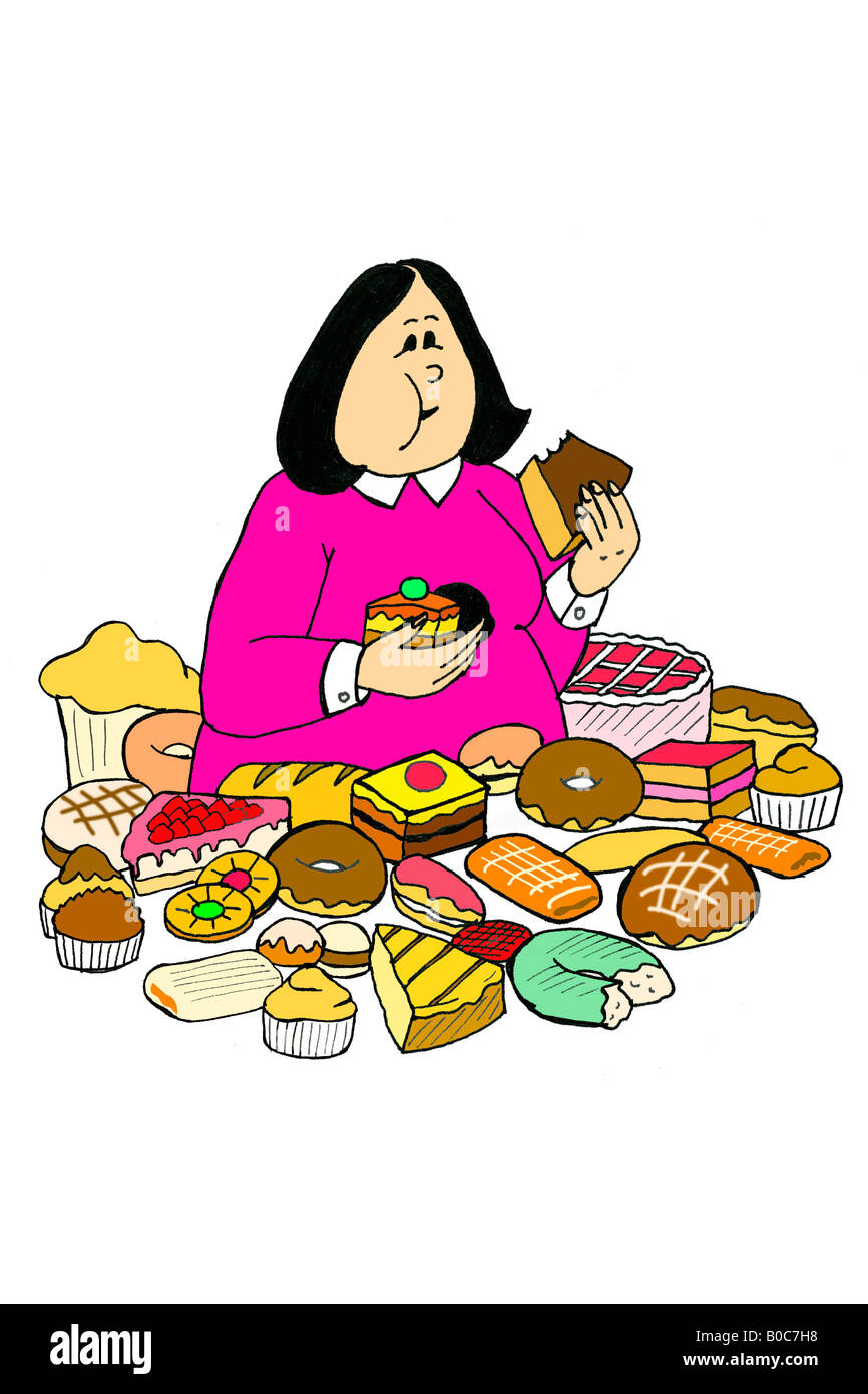 Illustration: woman eating sweets. Stock Photo