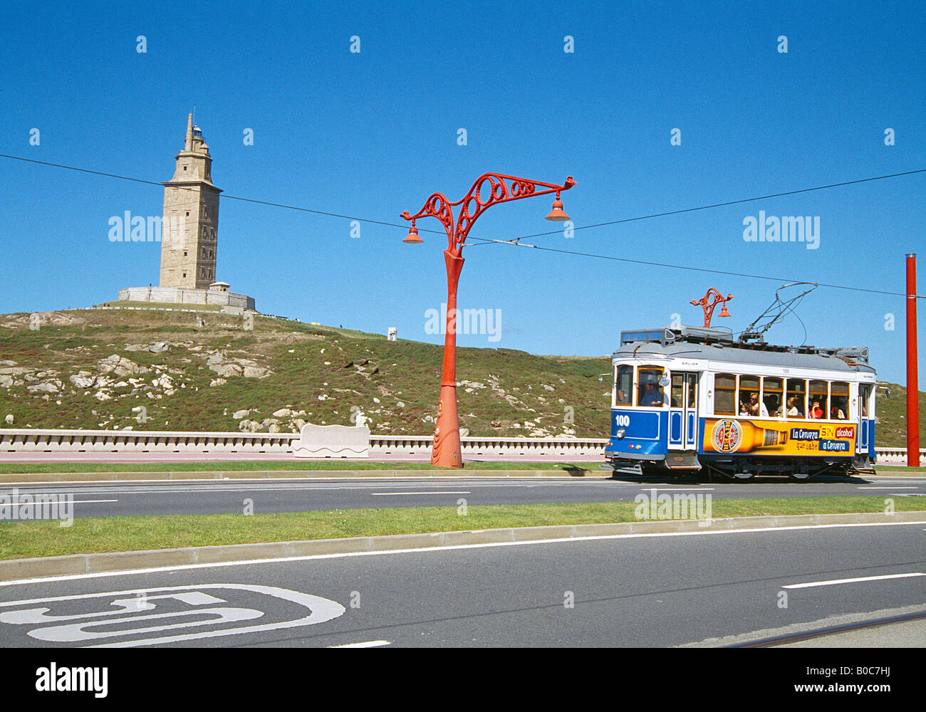 Tram and tower of Hercules. La Coruña. Galicia. Spain. Stock Photo