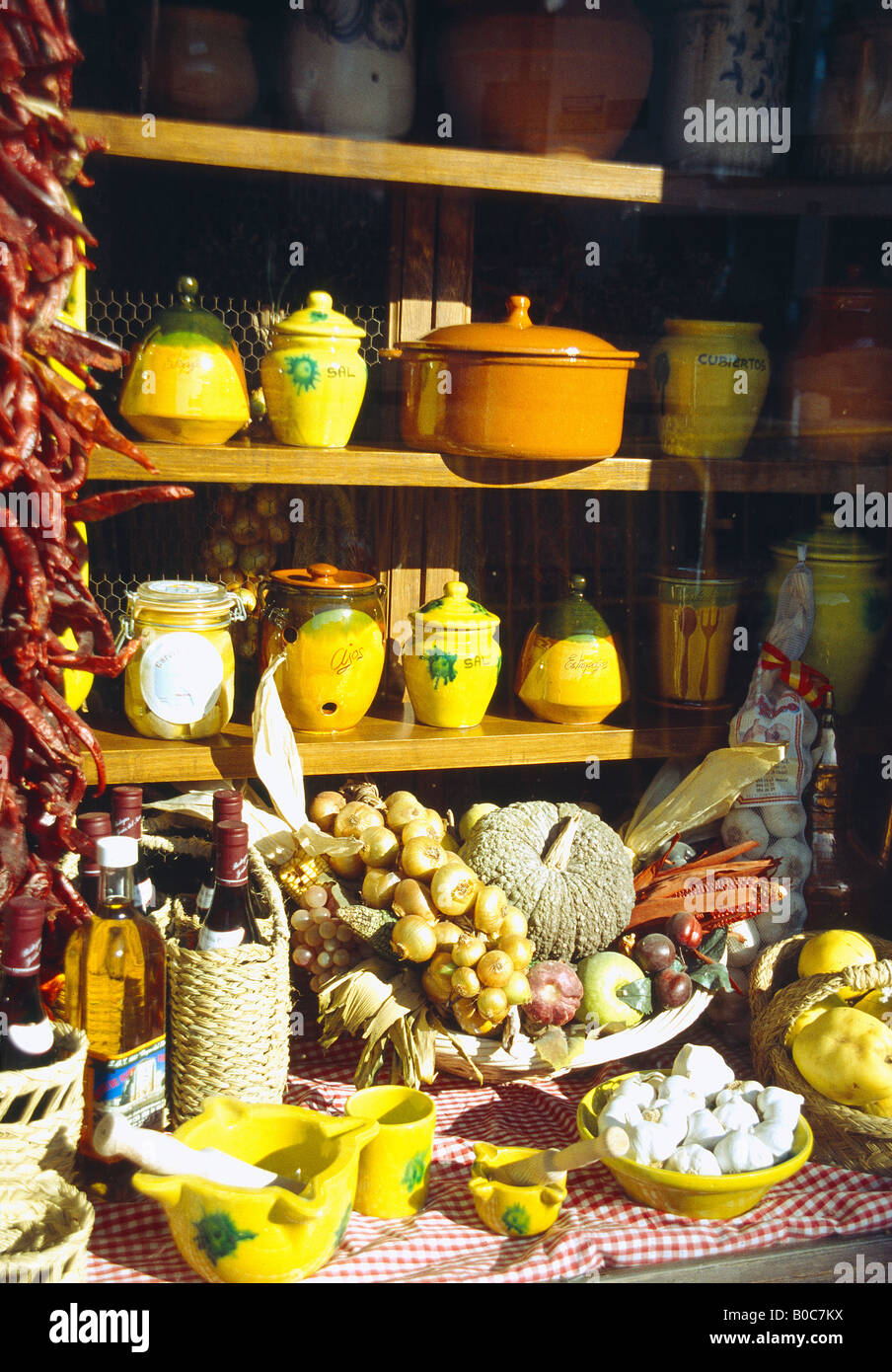 Typical products: handicrafts and food in shop window. Chinchon. Madrid province. Spain. Stock Photo
