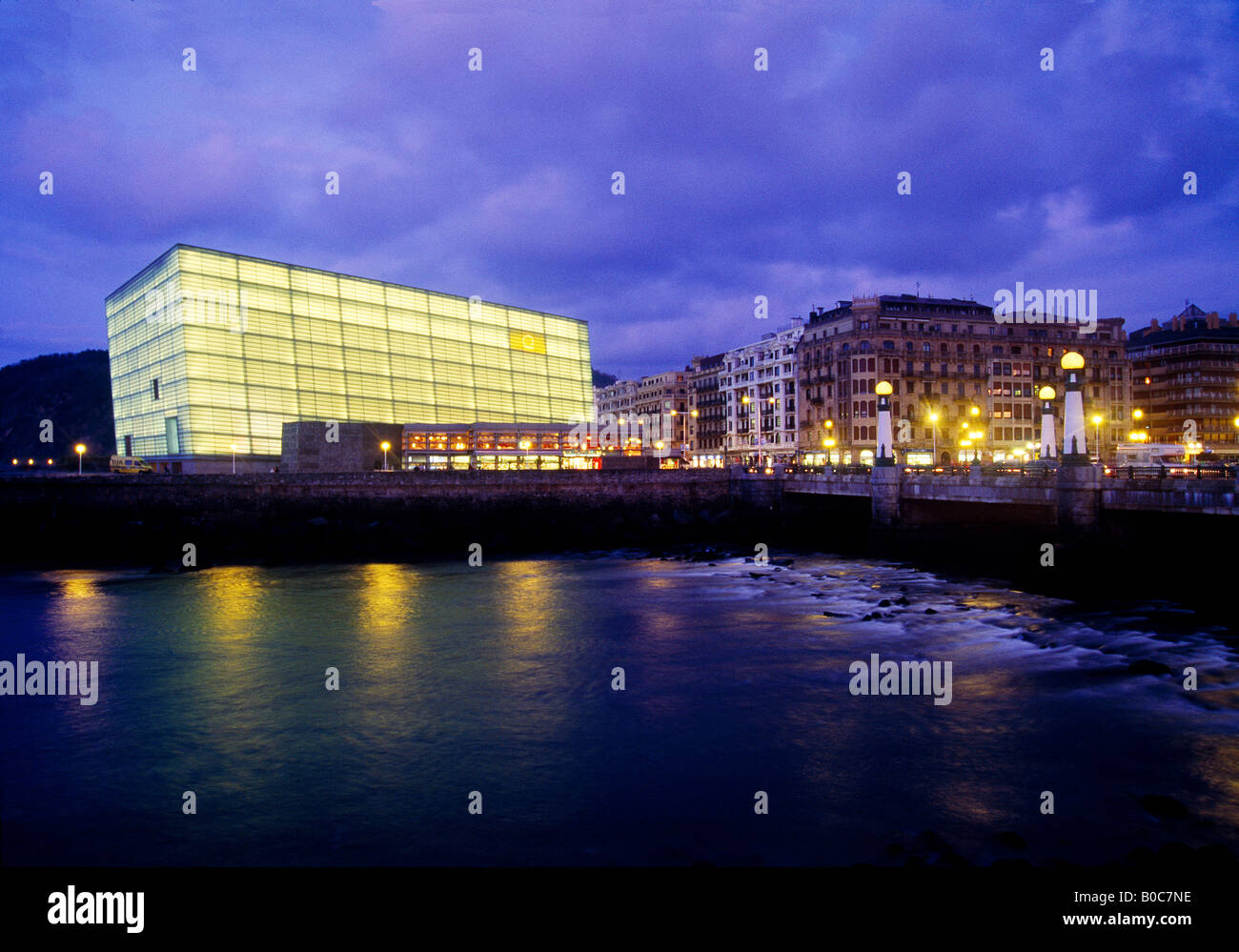 Kursaal Centre and river Urumea. Night view. San Sebastian. Guipuzcoa province. Basque Country. Spain. Stock Photo