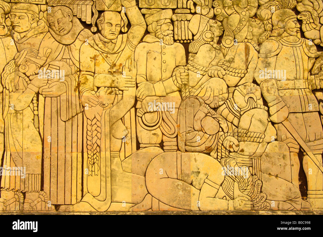 A Mexican history frieze on the Monumento de Bandera in Merida from Prehispanic to the Colonial period Stock Photo