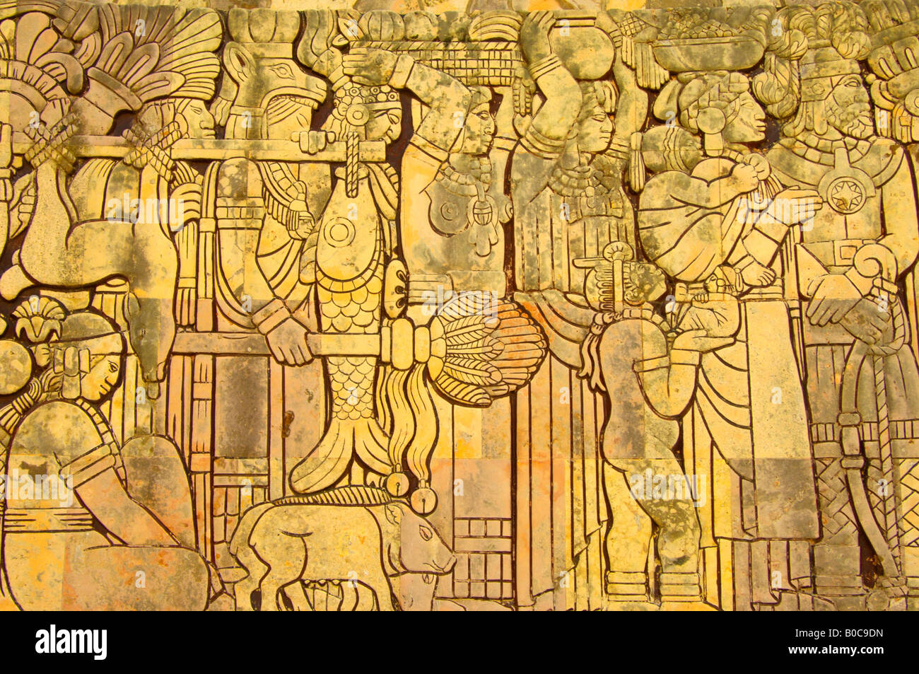 A Mexican history frieze on the Monumento de Bandera in Merida from Prehispanic to the Colonial period Stock Photo