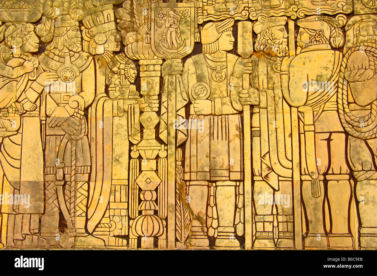 A Mexican history frieze on the Monumento de Bandera in Merida from Prehispanic to the Colonial period Stock Photo