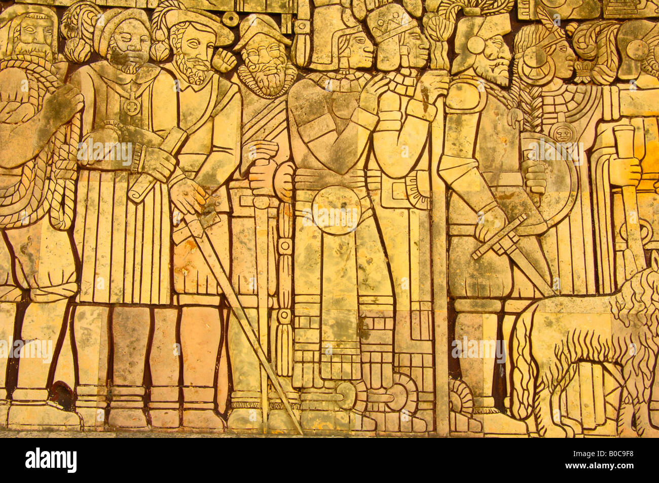 A Mexican history frieze on the Monumento de Bandera in Merida from Prehispanic to the Colonial period Stock Photo