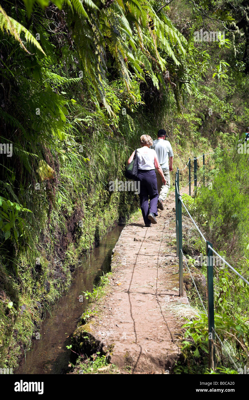 Group of walkers following the navigation channels known as levadas on