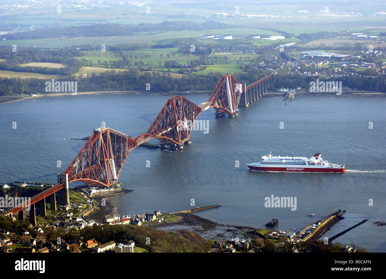 Superfast Ferry passing the Forth Bridges in Fife, Scotland Stock Photo