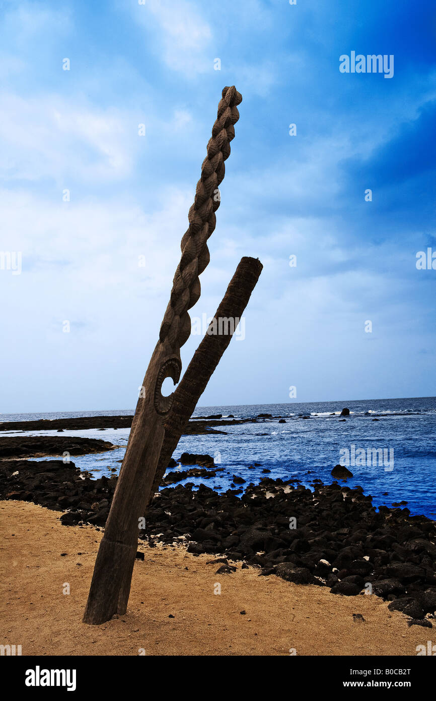 Image of a wooden lance like carving standing at an angle protruding